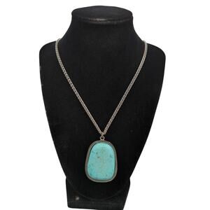 Vintage Fashion Large Faux Turquoise Slab Pendant SilverTone Rope Chain Necklace